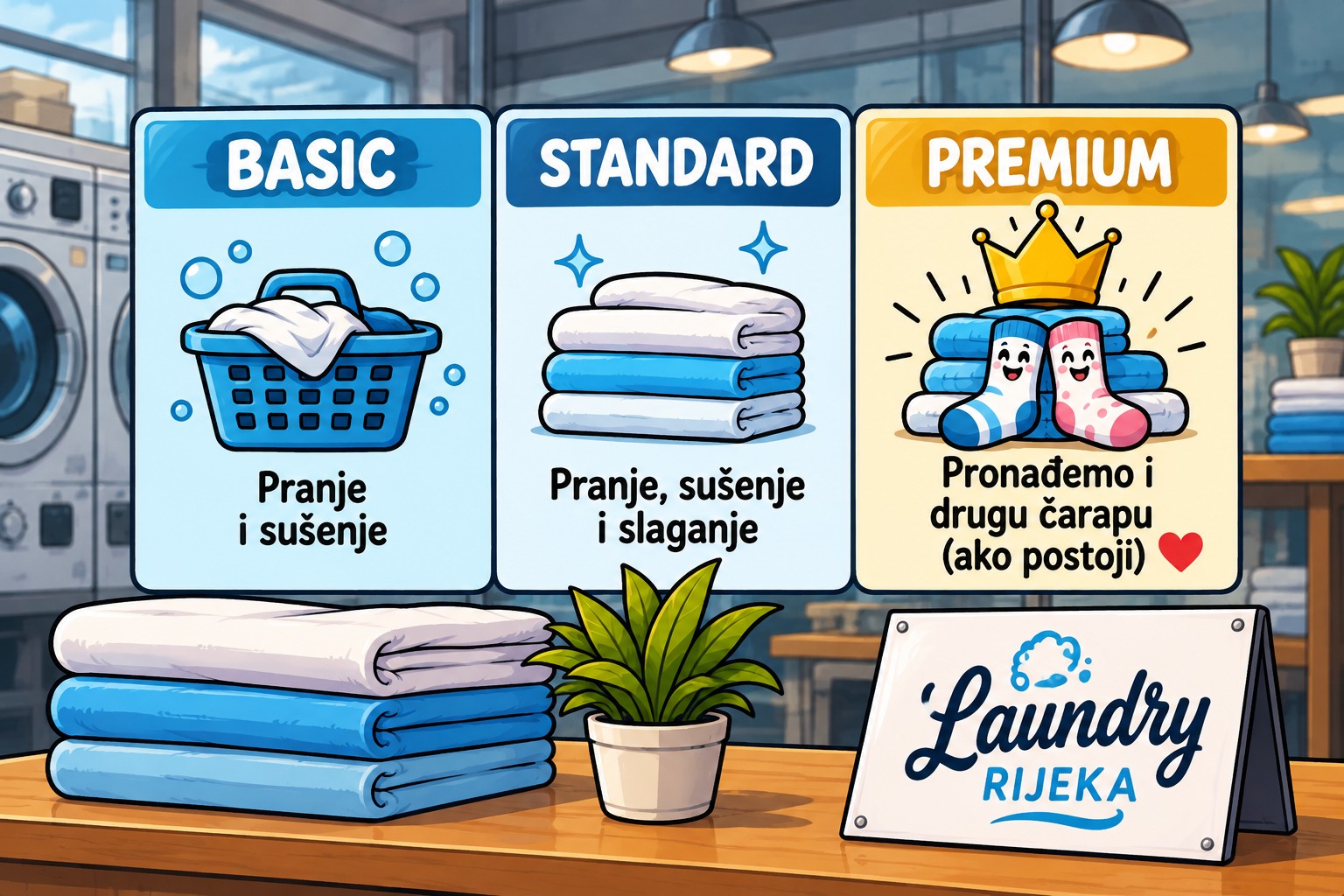 Šaljiva ilustracija praonice: Basic prikazuje pranje i sušenje, Standard i slaganje, a Premium se šali da ćemo pronaći izgubljenu drugu čarapu.